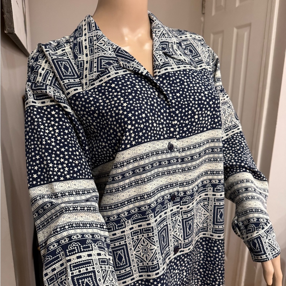 Navy and White Patterned Button-Up Shirt